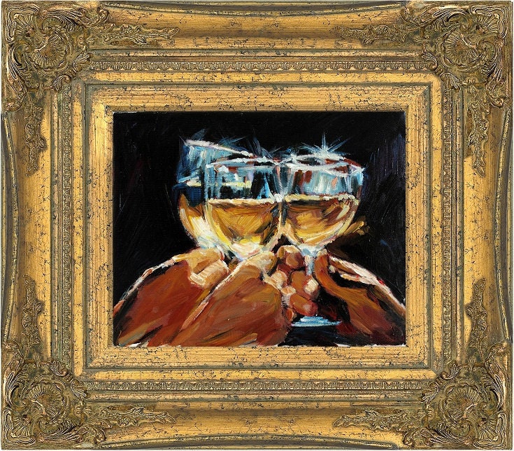 Oil Painting on Canvas Wine Glasses Still Life Miniature Museum Framed