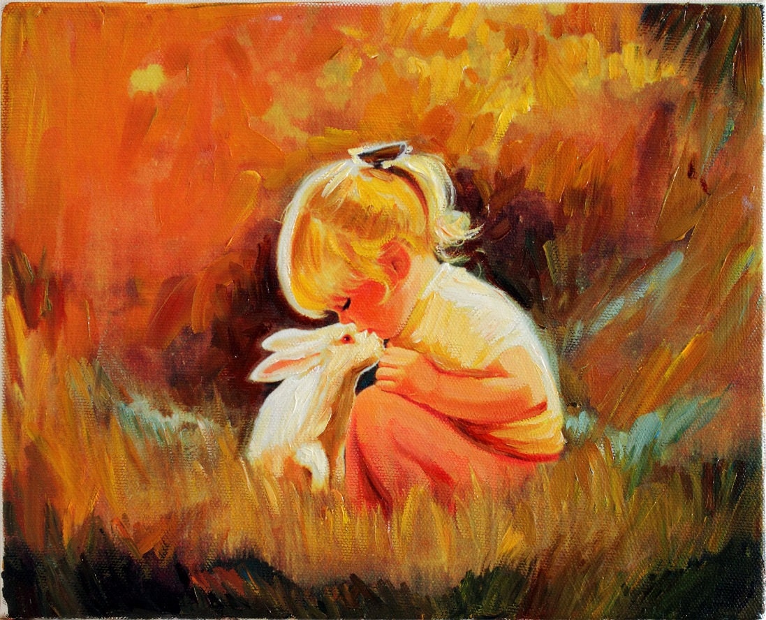 Child and Rabbit Fine Art Oil Painting on Canvas Wall Decor by Anastassia