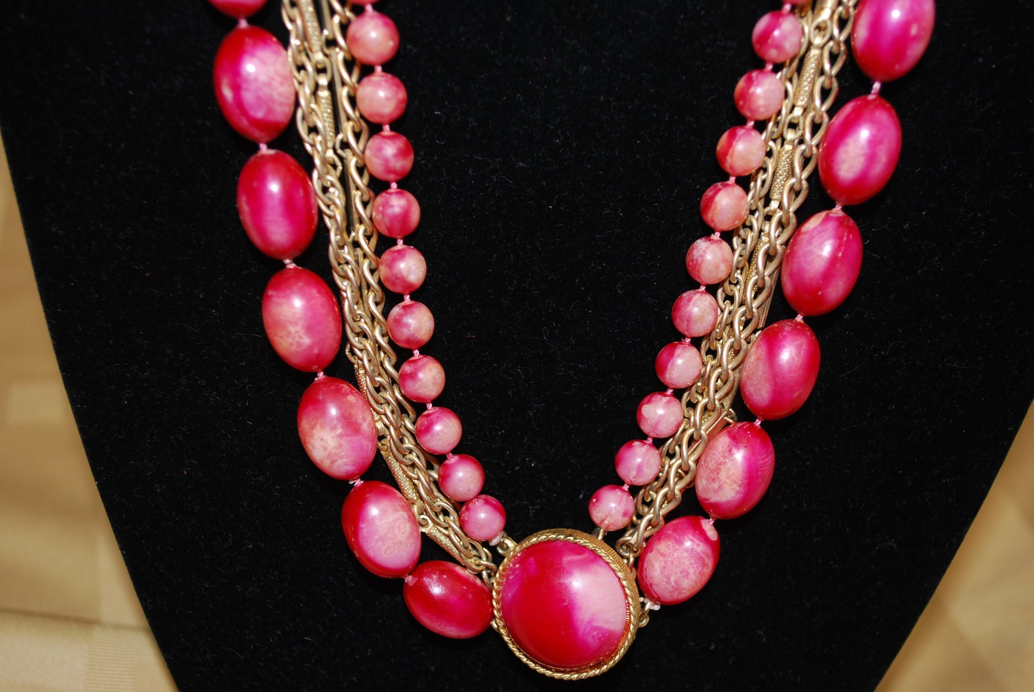 Vintage Multi strand Bead and Gold chain necklace