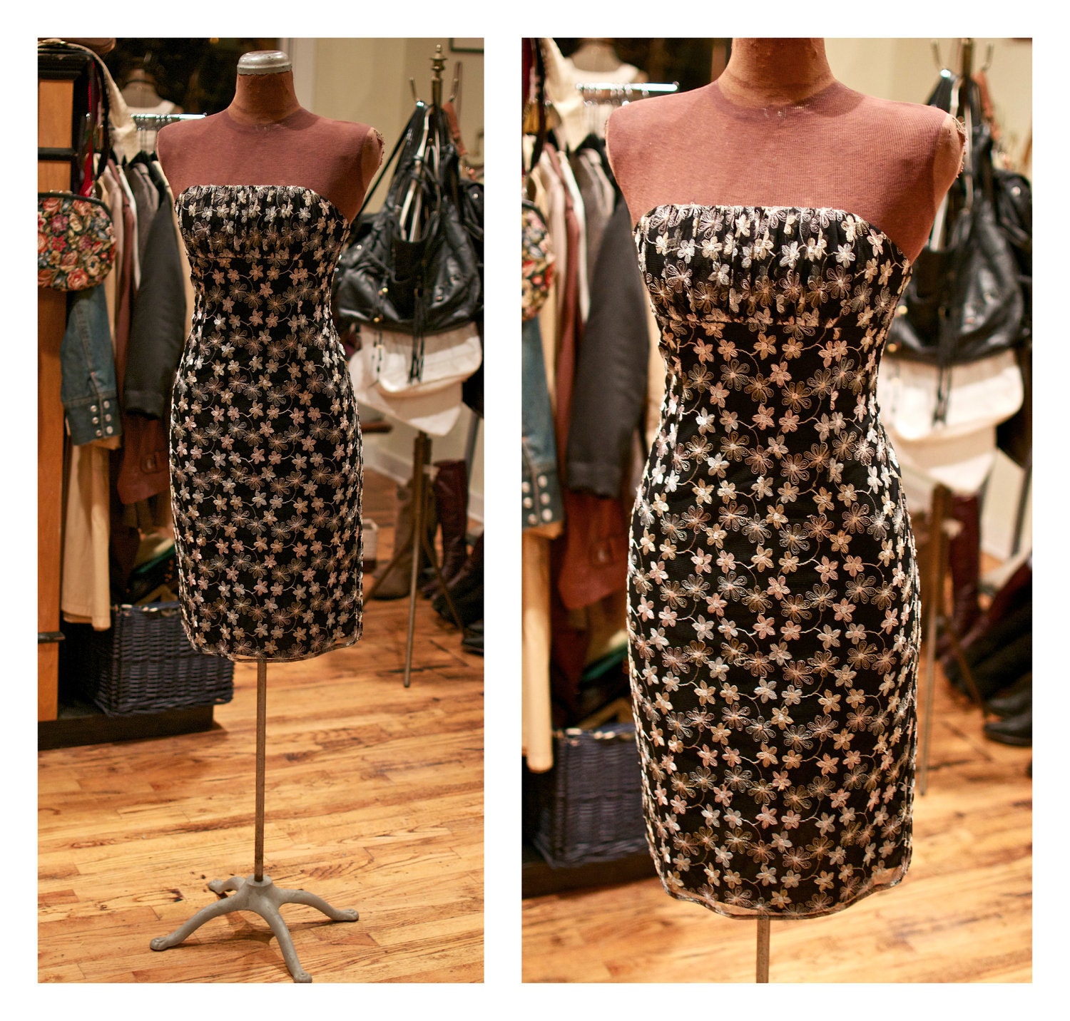 1990s Black Strapless Party Dress Cocktail Dress Floral Embroidered Designer Helen Wang Evening Dress Wiggle Dress