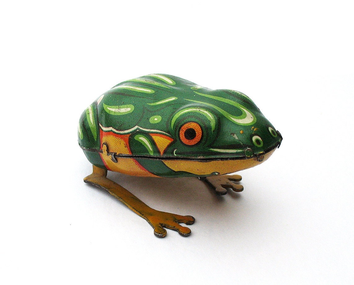 Vintage German Tin Frog, Wind Up Toy, 1940s Made in US Zone Germany