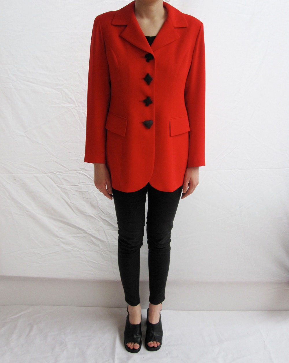 reduced. UNIQUE.vtg 1980s-1990s avant garde MOSCHINO style red blazer with black playing card buttons. CLUB kid. Medium.