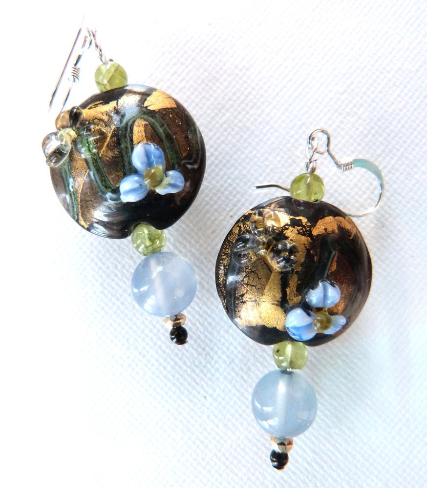 Lampwork Glass Earrings with Blue Chalcedony and Peridot Gemstones and Asian Gold Floral Motif