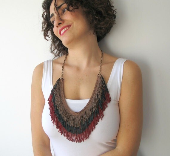 Fringe Necklace in  Lion Brown, Green and Cardinal Red colors with Brass Chain