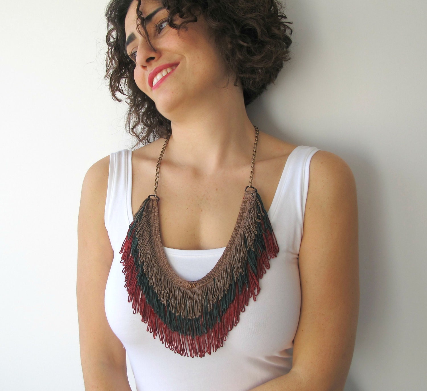 Fringe Necklace in  Lion Brown, Green and Cardinal Red colors with Brass Chain