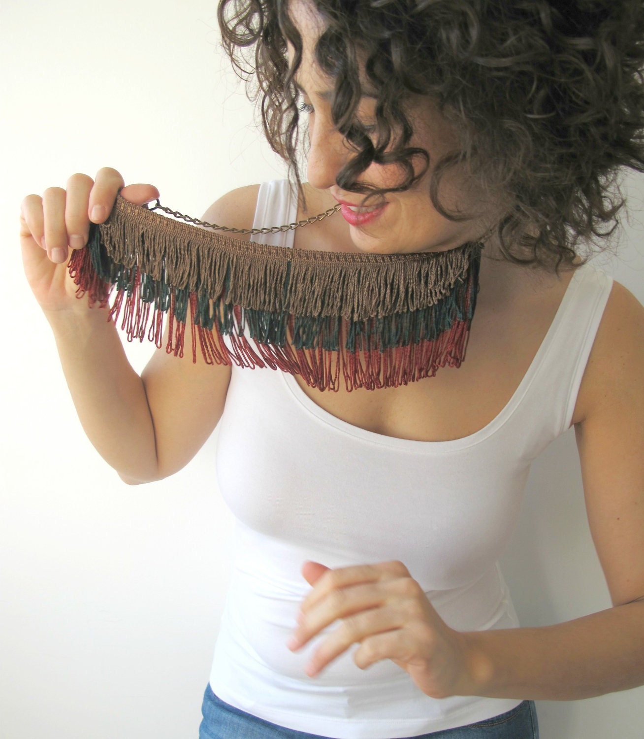 Fringe Necklace in  Lion Brown, Green and Cardinal Red colors with Brass Chain