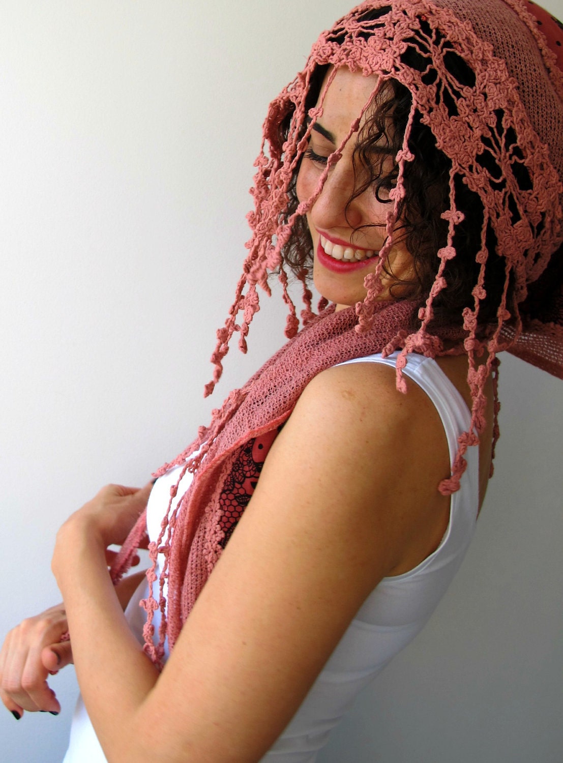 Tricot, Coton Fabric Scarf in Pink with Pink Trimming