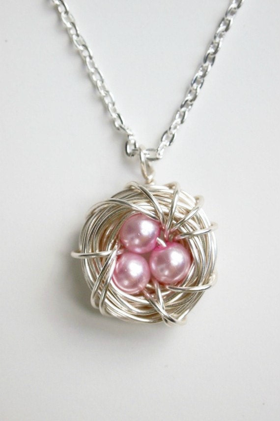 Birdnest Necklace - Wire Nest - Birds Nest Jewelry - Pink Pearl Necklace