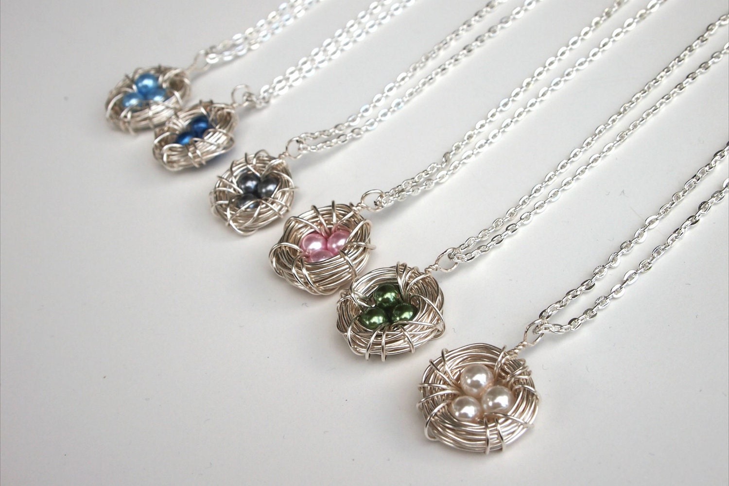 Blue Birdnest Necklace - Wire Nest - Blue Freshwater Pearl Nest