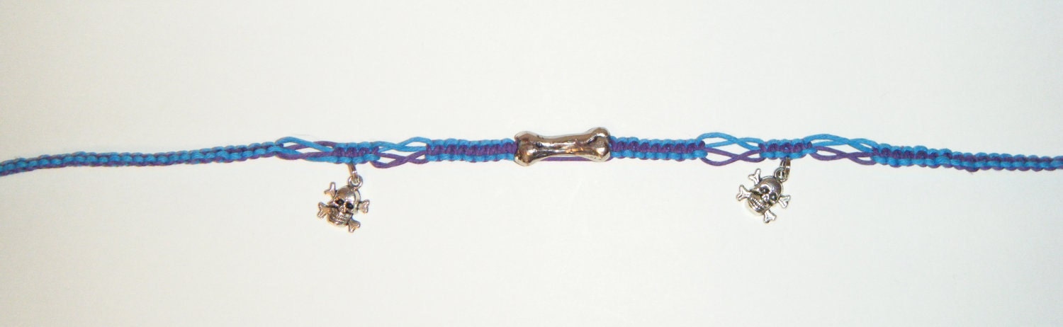 Blue and Purple Organic Hemp choker with Skulls and bones- LAST CHANCE