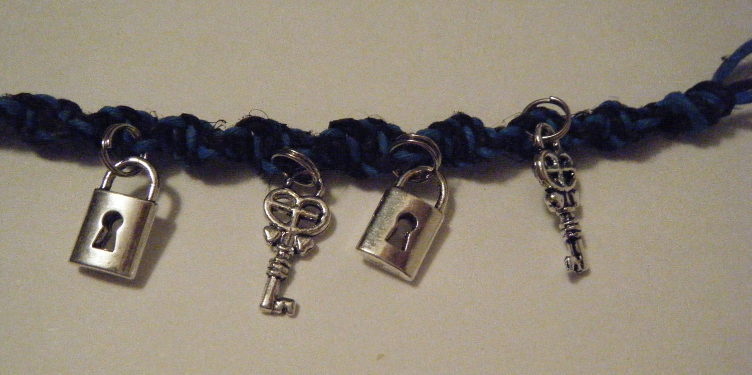 Blue and Black organic Hemp Charm bracelet with Silver lock and key charms