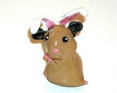 Polymer Clay Easter Bunny Decor, Decoration, Animal Costume, Hamster Figurine, Figure, Rabbit Ears, Kawaii, Handmade, Miniature, White, Pink