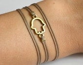 Wrapped hamsa bracelet, cord wrap bracelet with a bronze hamsa charm, brown string, judaica bracelet, protection from evil eye, gift for her
