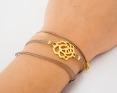 Wrapped bracelet, cord wrap bracelet with gold rose charm, brown string bracelet, elegant women's bracelet, gift for her, minimalist jewelry