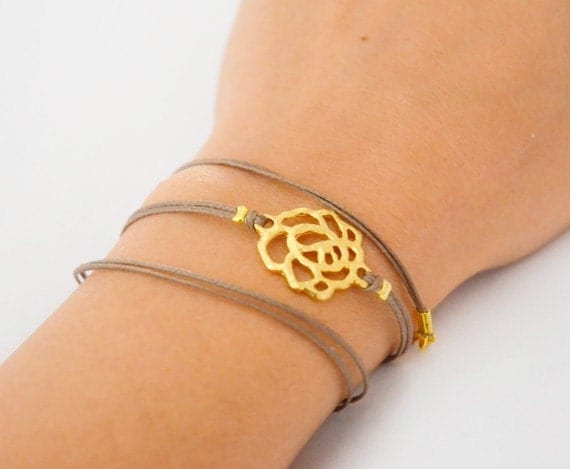 Wrapped bracelet, cord wrap bracelet with gold rose charm, brown string bracelet, elegant women's bracelet, gift for her, minimalist jewelry