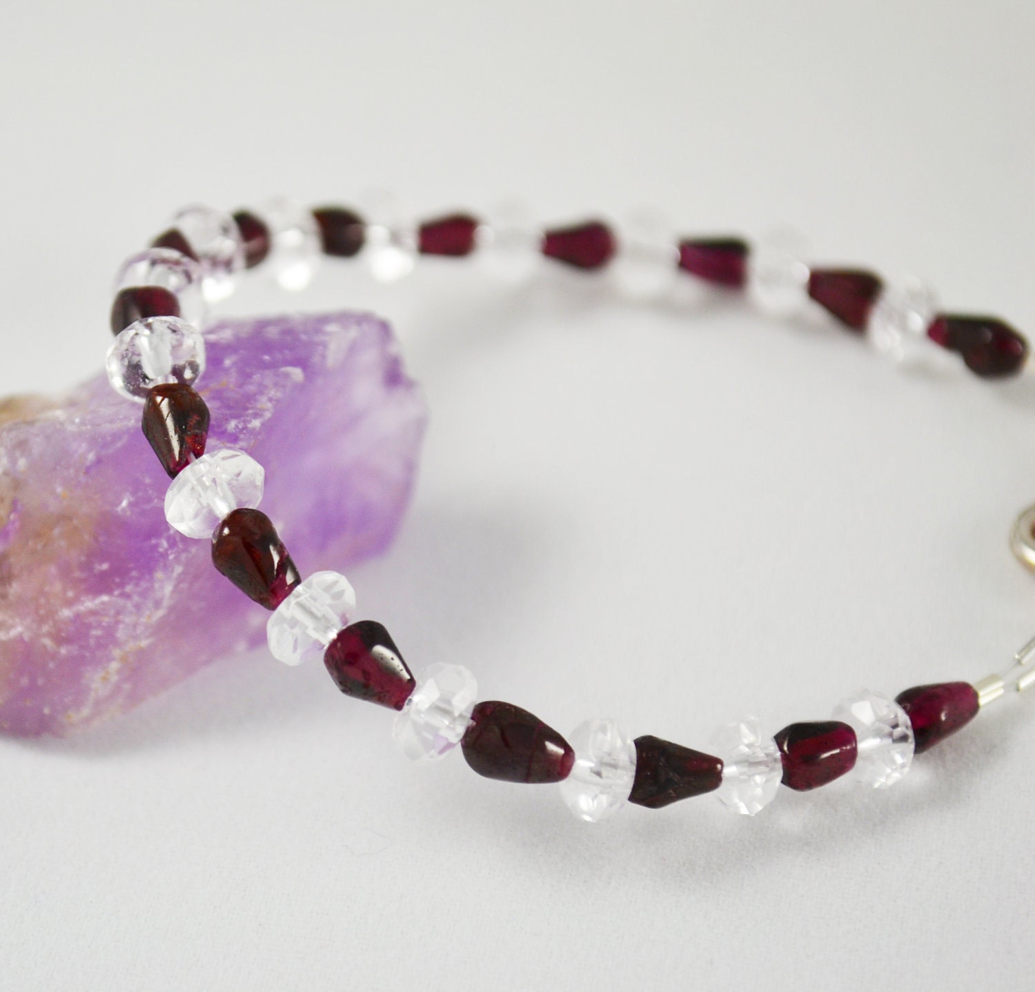 CLOSING SALE 15% OFF Garnet and Quartz Crystal Bracelet, Sterling Silver Bracelet, Boho Gemstone Garnet Bracelet
