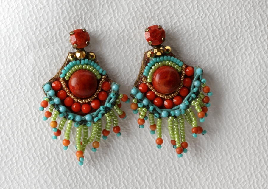 Indian Coral Earrings. Bead Jewelry. Tribal Earrings. Ethnic Jewelry. Colorful Jewelry
