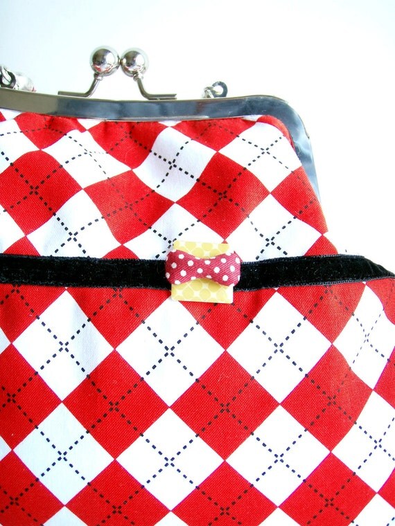 Shoulder Purse Red White Diamonds Printed Fabric Charming Bow