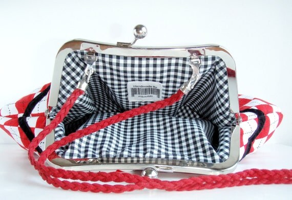 Shoulder Purse Red White Diamonds Printed Fabric Charming Bow