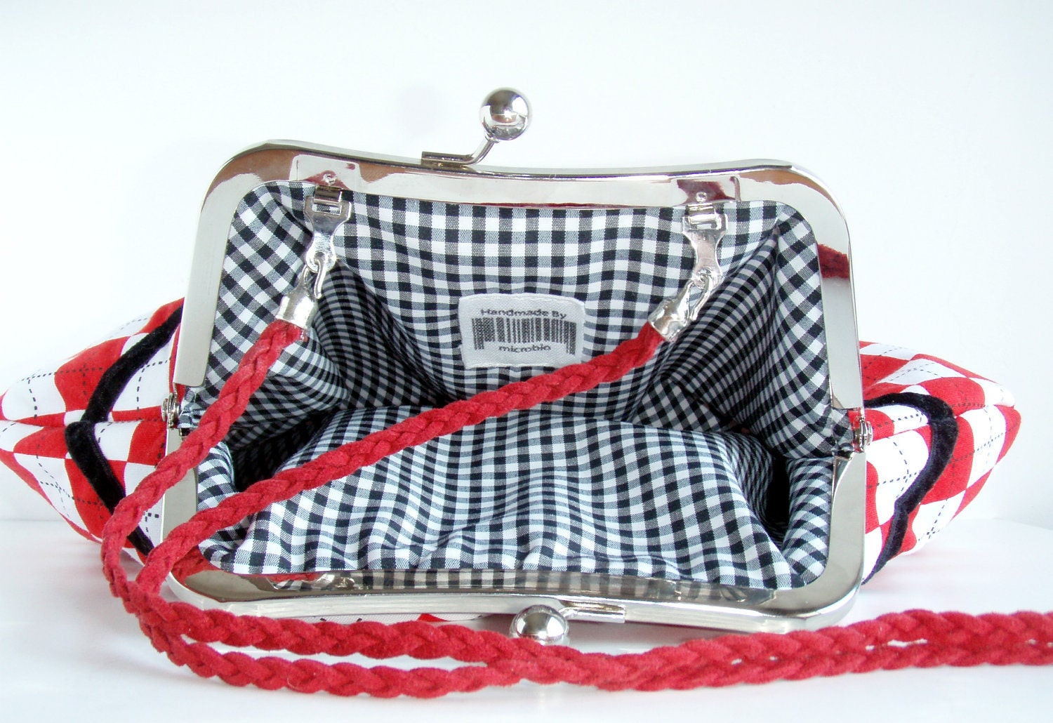 Shoulder Purse Red White Diamonds Printed Fabric Charming Bow