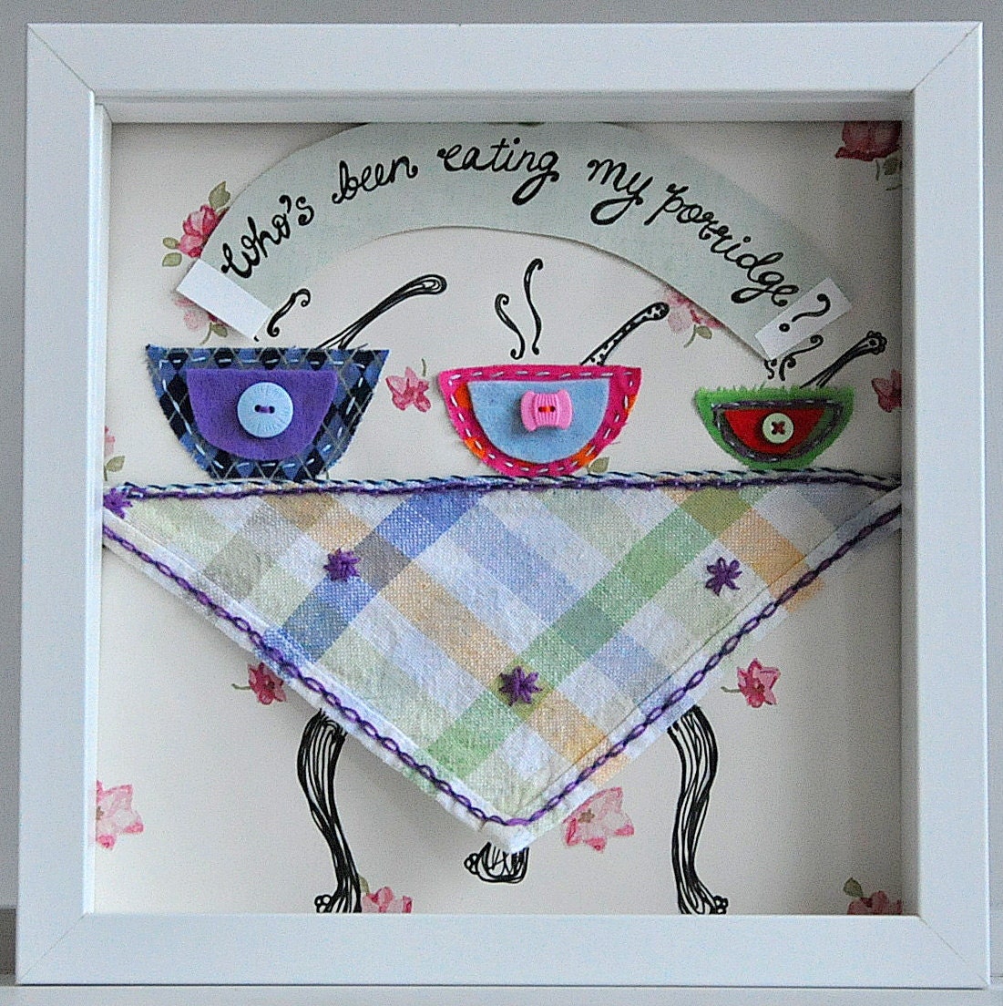 Personalized wall art for kids - Goldilocks, three bears - hand embroidery - framed