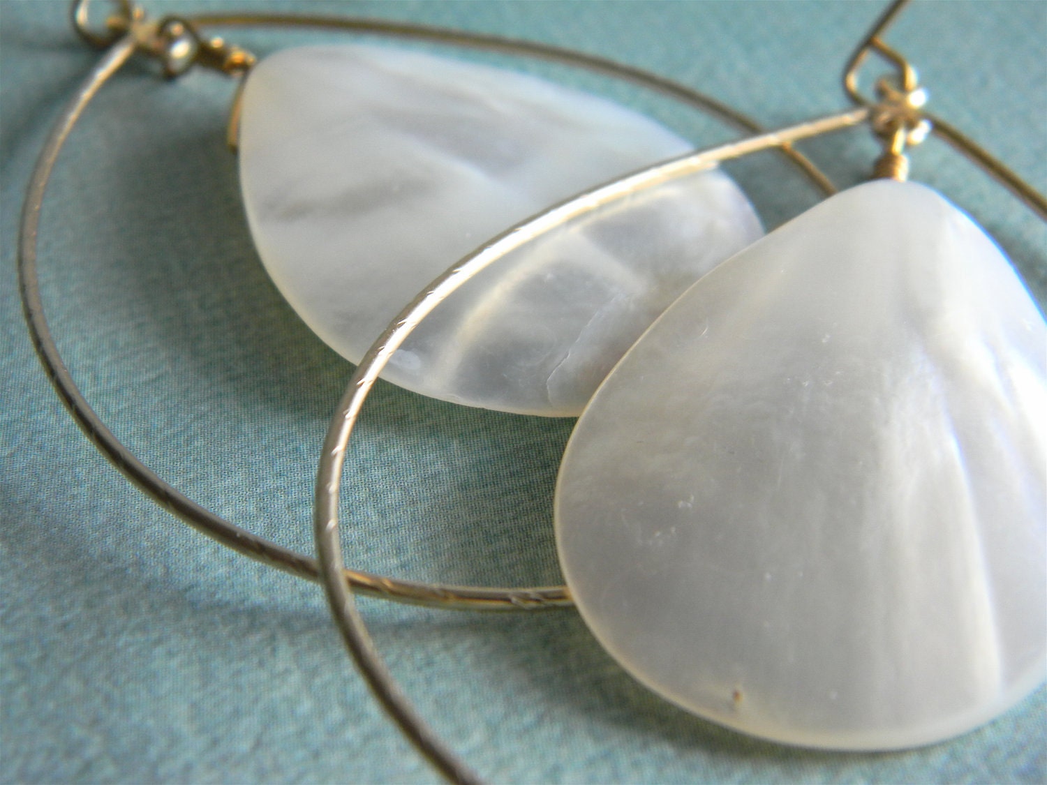 Gold Earrings - Matte Gold Hoop Earrings with Mother of Pearl Teardrop Pendant