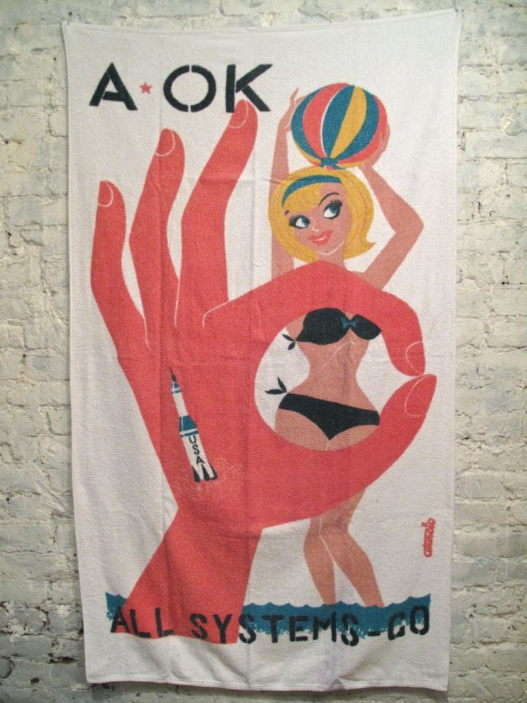 60s Beach Towel - Awesome, Sexy Graphics - Excellent Condition - All Systems Go