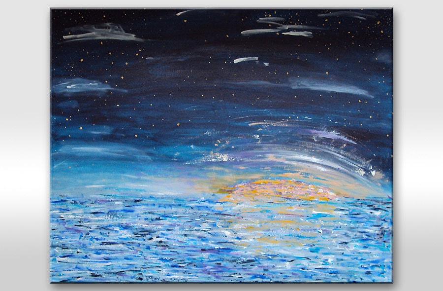 Original blue sea abstract painting on canvas Sunset Nature Ocean Night Modern Acrylic Art For Home decor / Time for the dreams/ 35x28