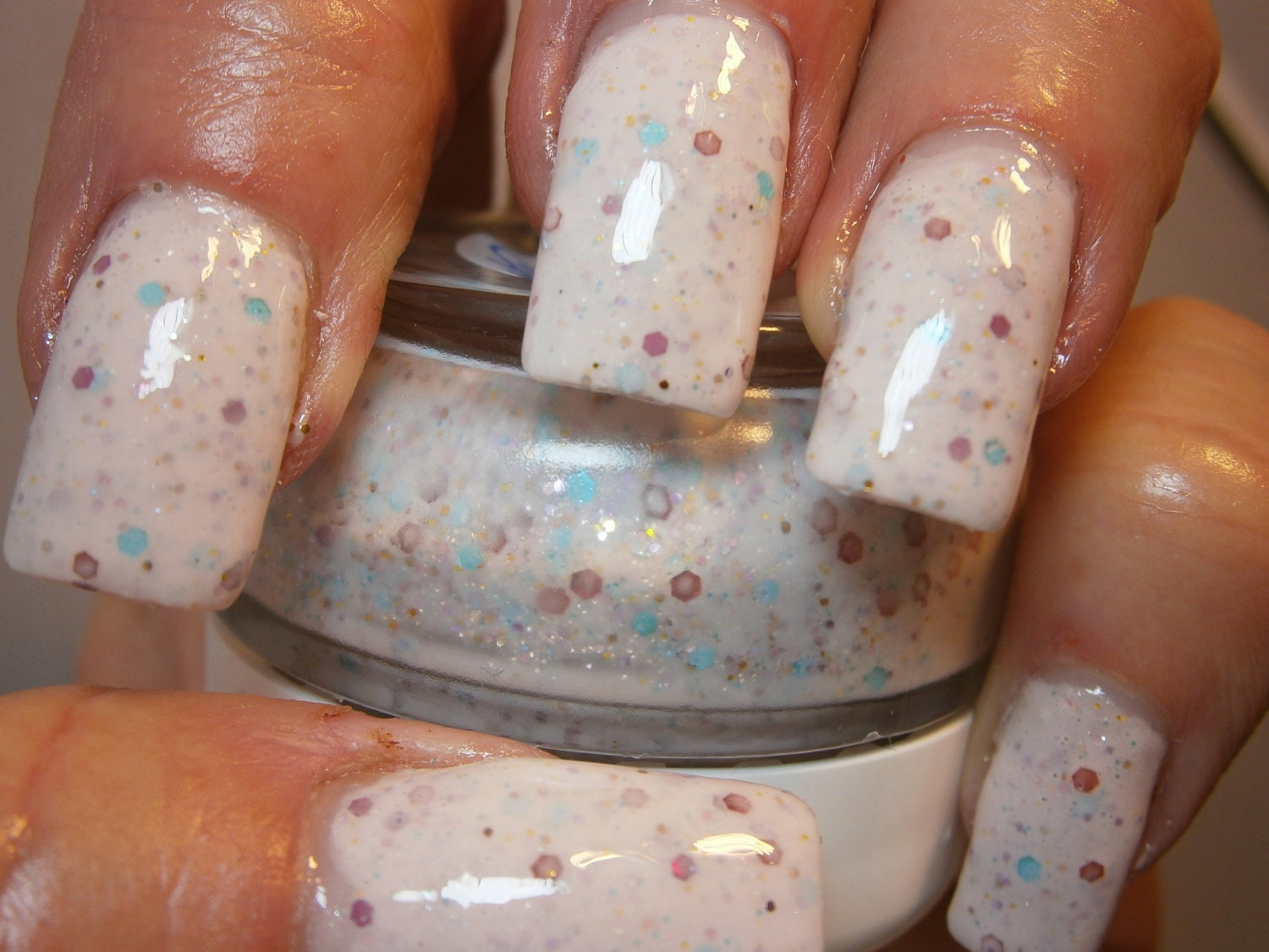 You're My Cuppy Cake Nail Lacquer - Sprinkled Confetti White Glitter Custom Nail Polish - Full Size Jar With Clear and Brush