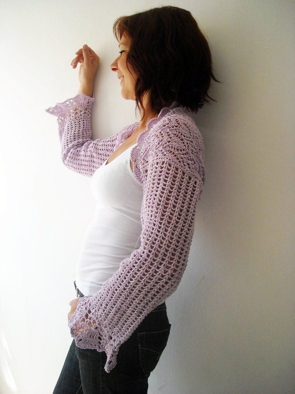 Hand knit crochet shrug, lilac cotton bolero, long sleeved size M