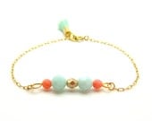 Mint and Coral Beaded Bracelet - Pastel SWAROVSKI Faceted Crystal Beads Charms on Delicate Gold Chain & Mint Tassel