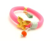 Neon Bracelet TREND - Neon Pink Rubber Bracelet w/ Gold Butterfly Charm & Mint Tassel