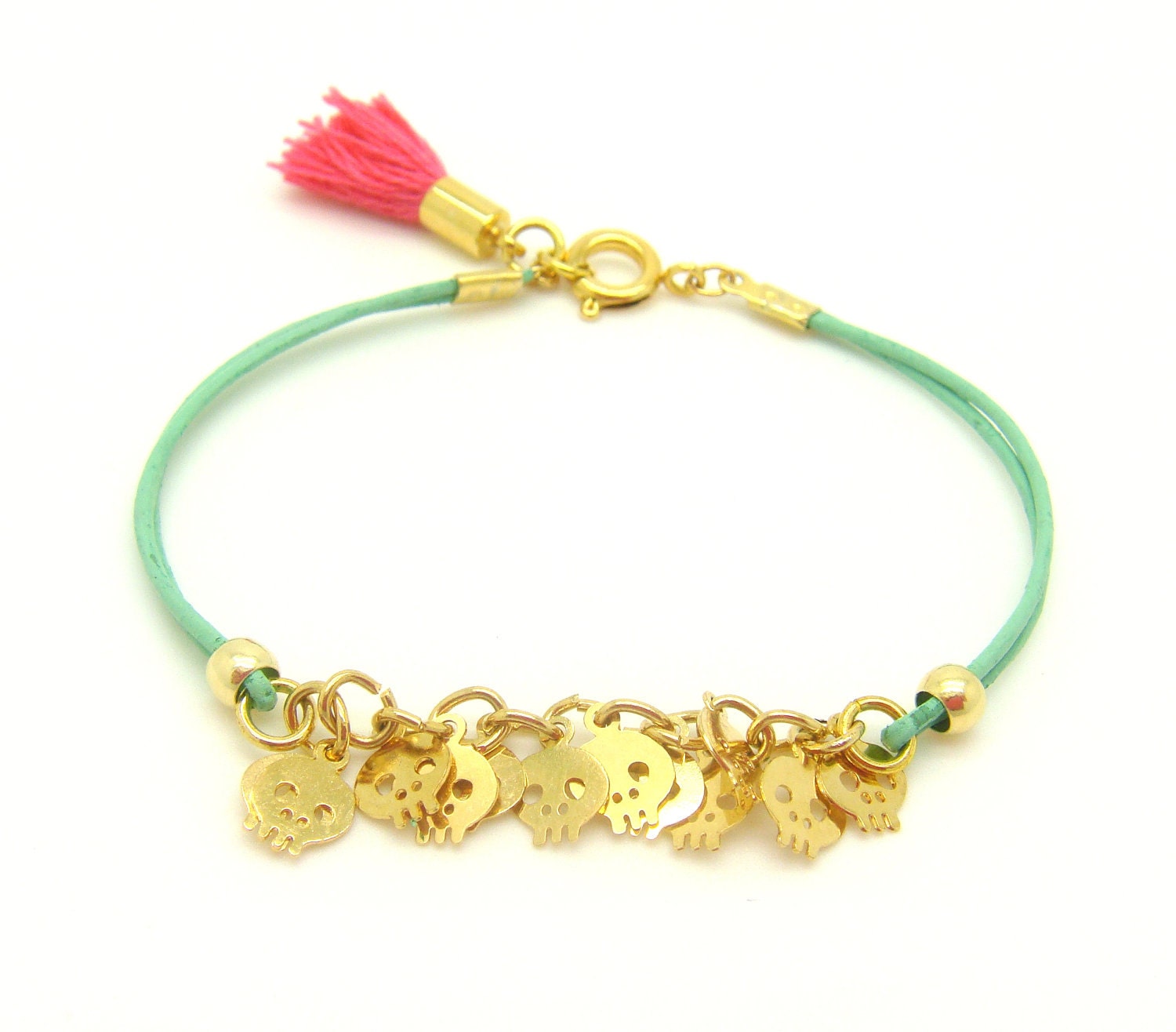 Tiny Skull Bracelet - Pastel Mint Leather W/ Tiny Gold Plated Skulls - Pink Tassel