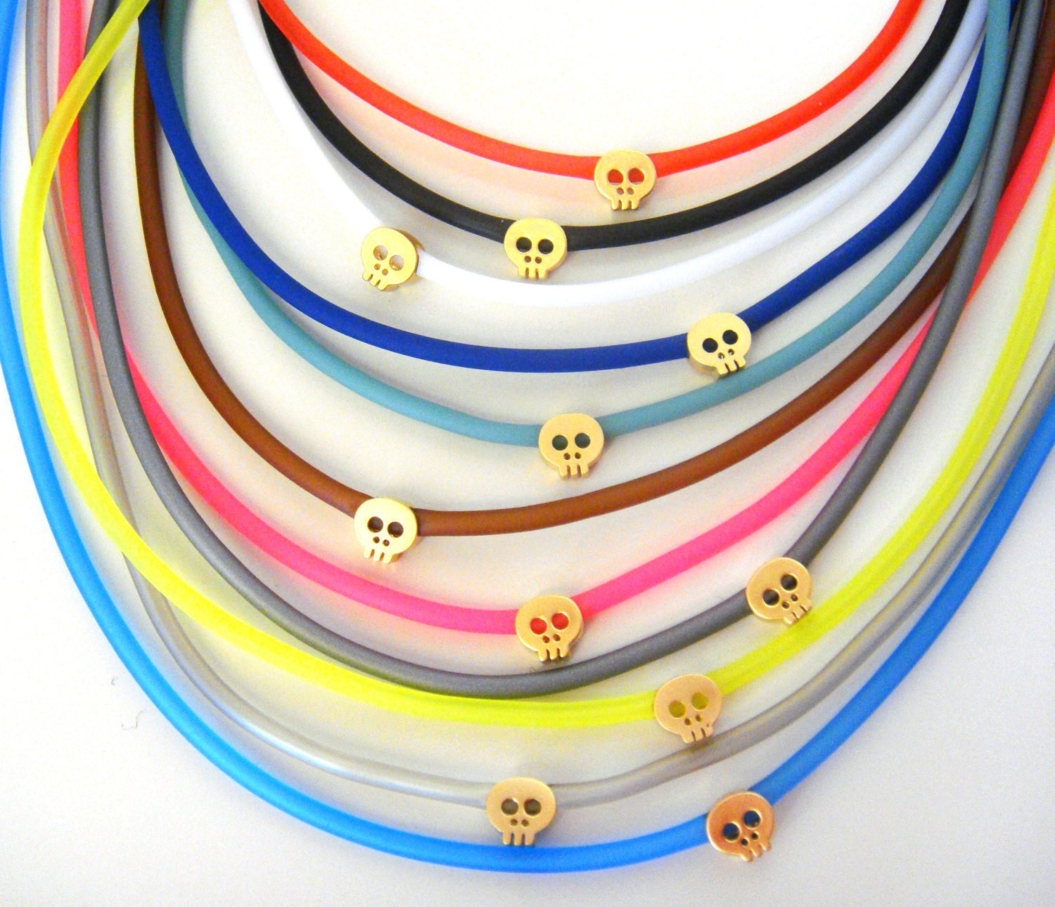 Tiny Skull Bracelet - Pastel Jade Rubber Bracelet With Tiny Matt Yellow 14k Gold Plated Skull Pastel - READY TO SHIP