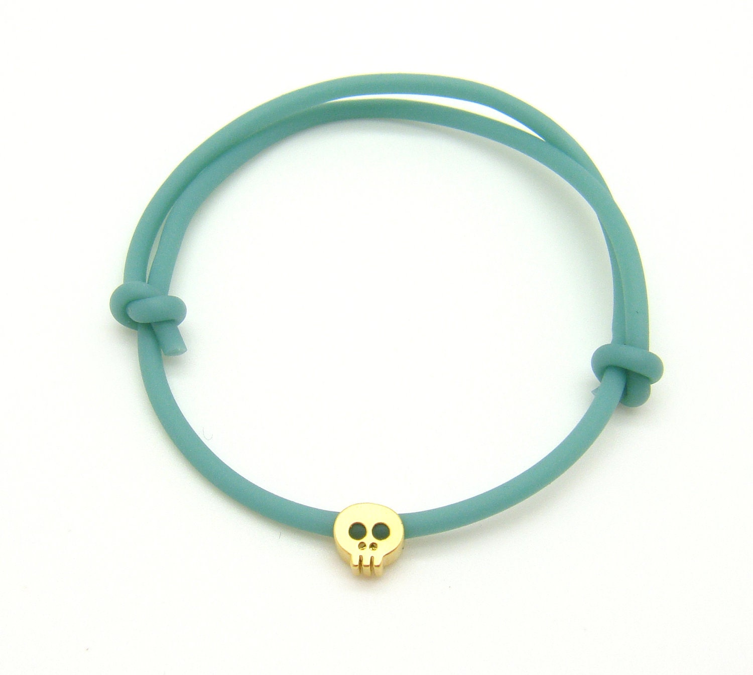 Tiny Skull Bracelet - Pastel Jade Rubber Bracelet With Tiny Matt Yellow 14k Gold Plated Skull Pastel - READY TO SHIP