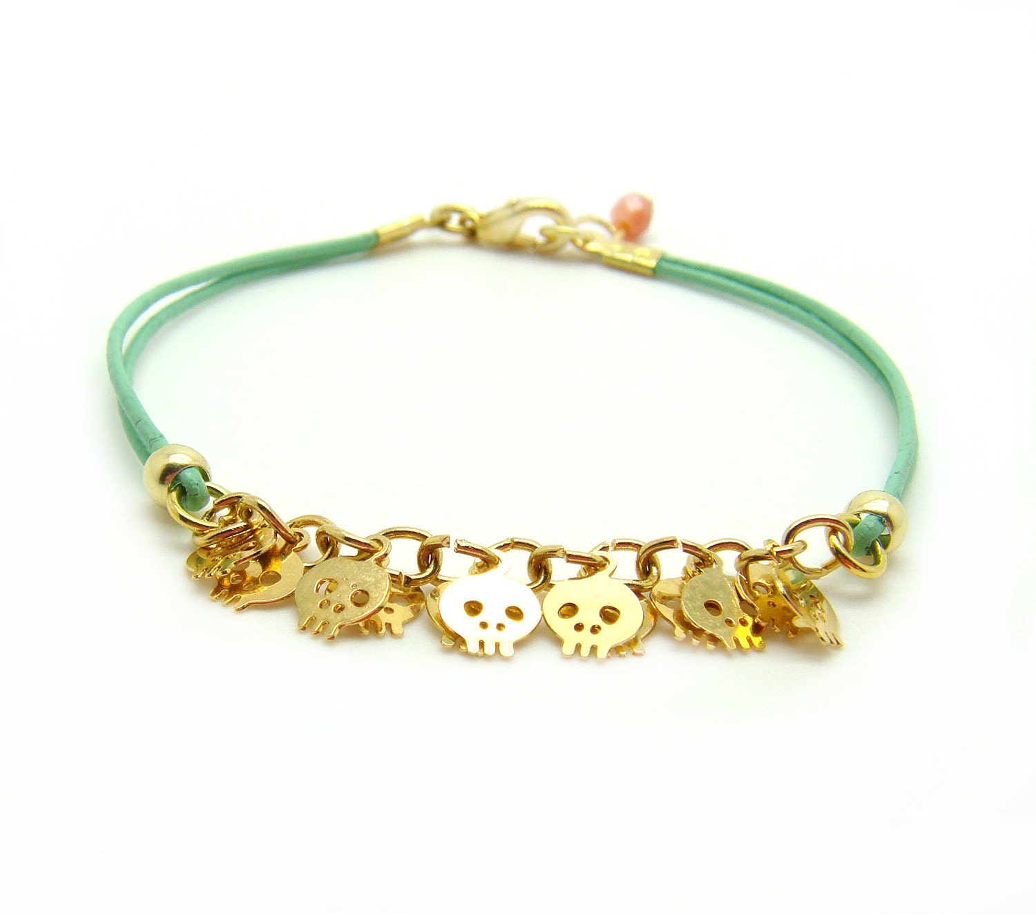 Tiny Skull Bracelet - Pastel Mint Leather W/ Tiny Gold Plated Skulls - Coral faceted pendant
