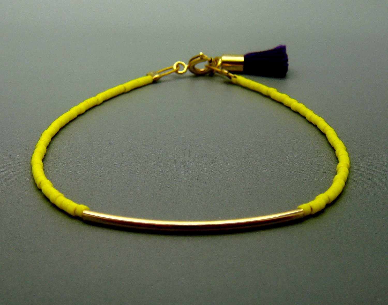 Neon Yellow Beaded Bracelet w/ Tiny Gold Bar & Purple Tassel- Friendship Bracelet - Bangle Bracelet