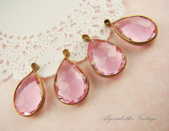 Large Clear Pink Faceted Lucite Teardrop Pear Shaped Channel Set Stones, Jewels, Rhinestones 1 loop drops (4)
