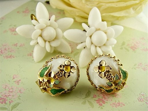 Shabby Chic Milk Glass White Flower Earrings Destash Beaded and Enameled Collection (4)