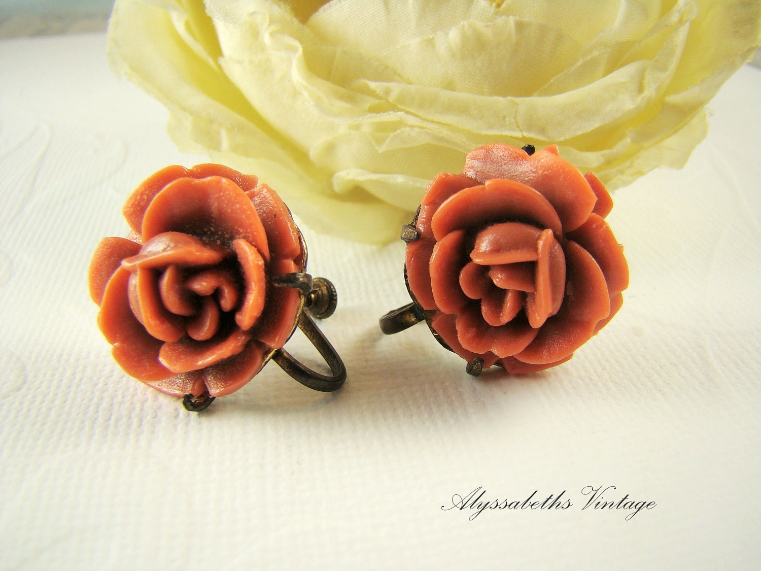Vintage Coral Rose Flower Celluloid Cabochon Earrings Screw Back