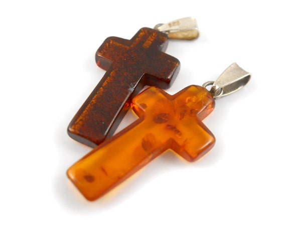 Natural Baltic Amber cross pendant - cognac - 25x14mm - crucifix - 2 pice - select one