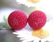 Tiny Red Tulip Fabric Covered Button Stud Earrings 15mm