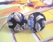 Blue Flower Black Fabric Covered Button Stud Earrings 15mm