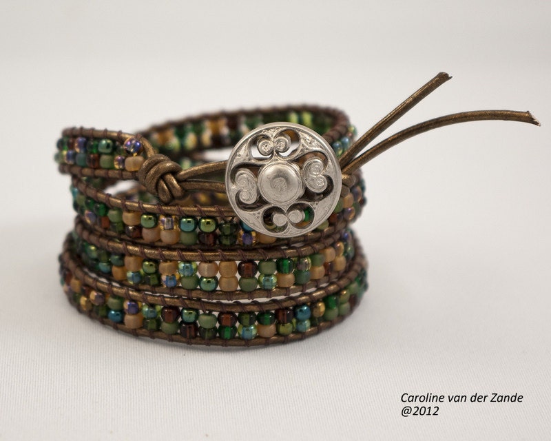 Boho Beaded 4X Leather Wrap Bracelet with "Rainforest Crunch" Beads on Metallic Kansa Leather (LW-265)