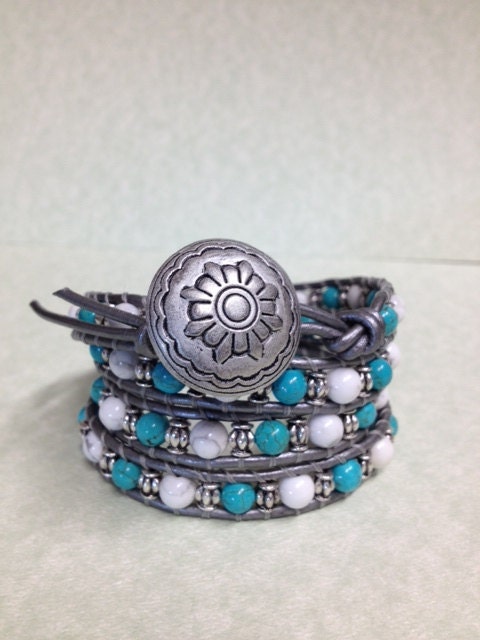 Boho Beaded 4X Leather Wrap Bracelet with Turquoise and White Howlite Stones and Silver plated beads on Metallic Grey Leather (LW-Custom))