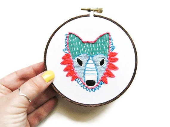 Bright Neon Fox Hand Embroidery Hoop Art : Lotus Flower Fox (with MountRoyalMint) - Woodland Embroidered Home Decor