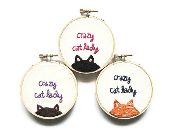 Crazy Cat Lady Embroidery Hoop - Fun Cute Gray Kitty Animal Lover Home Decor or Christmas Ornament