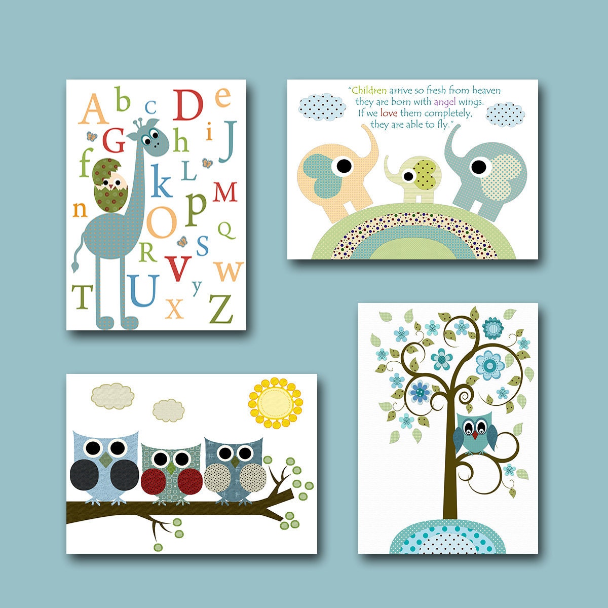 Childrens Wall Art Baby Room Decor owls Baby Boy Nursery print Baby Nursery Decor set of 4 8" x 10" tree owls giraffe elephant blue