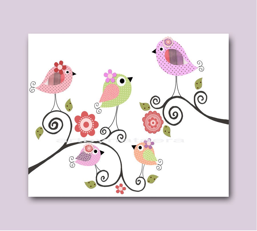 Baby Nursery Decor Art For Children Kids Wall Art Baby Girl Room Decor Baby Girl Nursery 8" x 10" Print birds green violet rose artwork