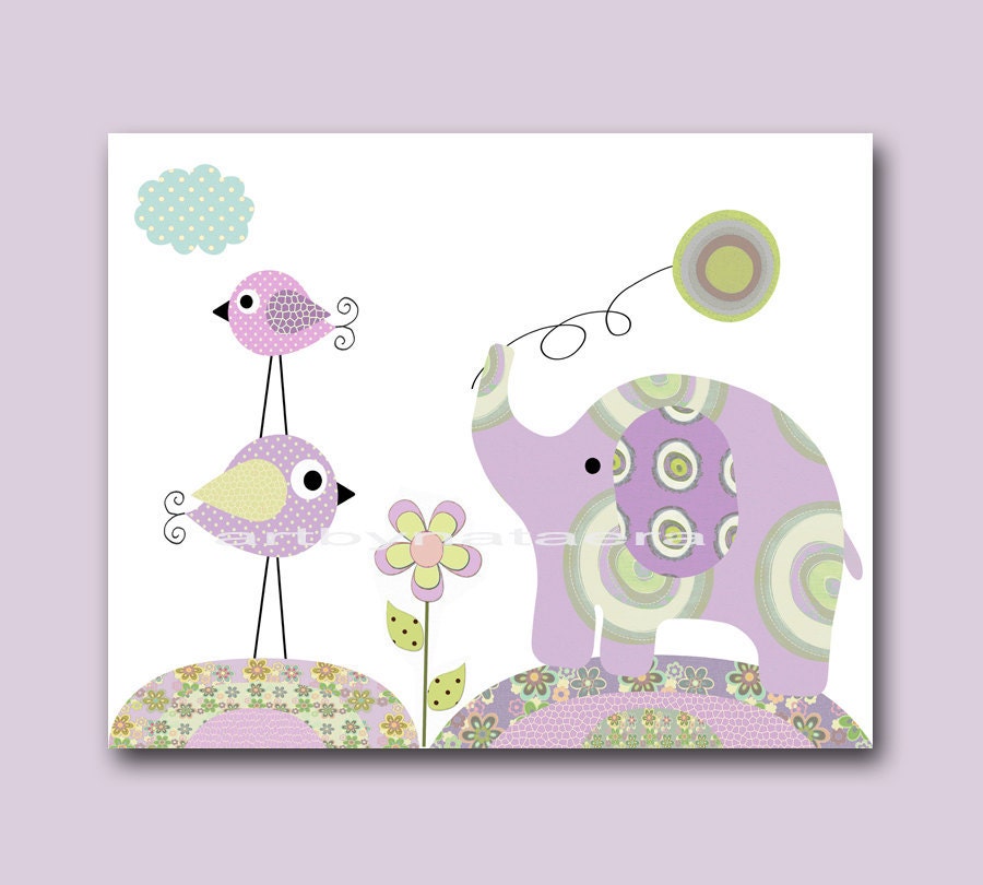 Baby Nursery Decor Art For Children Kids Wall Art Baby Girl Room Decor Baby Girl Nursery 8" x 10" Print birds green violet rose artwork